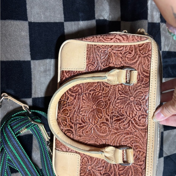 Consuela Floral Embossed Brown and Tan Satchel - Picture 8 of 11